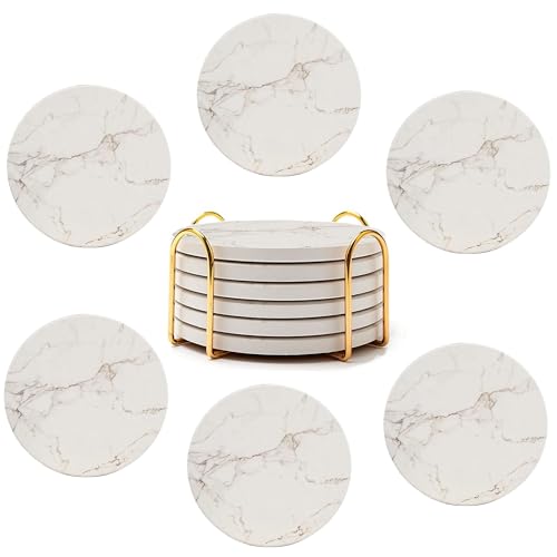 4inch Round White Marble Coaster with Gold Storage Rack 6pcs - color: White Coasters