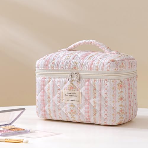 HBselect Quilted Makeup Bag, 3Pcs Cotton Large Travel Makeup Bags Organizer - color: A-3PCS-Floral 25
