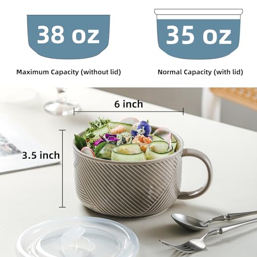 Ceramic Soup Bowl with Handle, 38 oz Microwave Safe, Grey - color: Gray