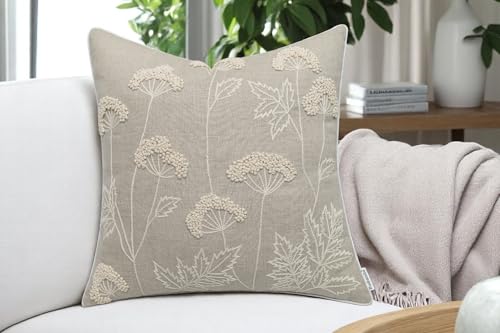 Rudransha Hand Embroidered Wildflower 20x20 Pillow Cover, Natural - color: Blooming-natural, size: 20" x 20" (Pack of 1)