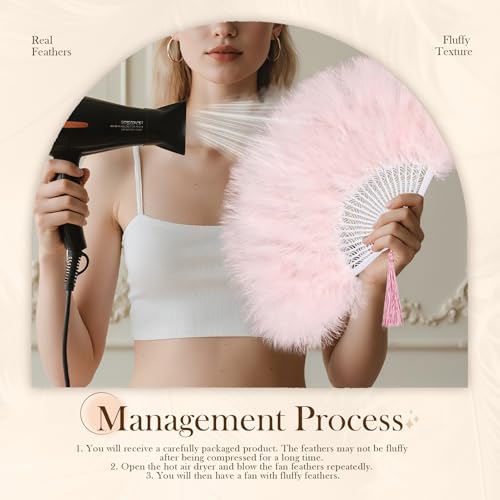 whitefeather Vintage Feather Hand Fan, 17.7 x 11.8 inches, Marabou Feathers, 1920s Style for Costume Parties, Tea Parties - color: Light Pink