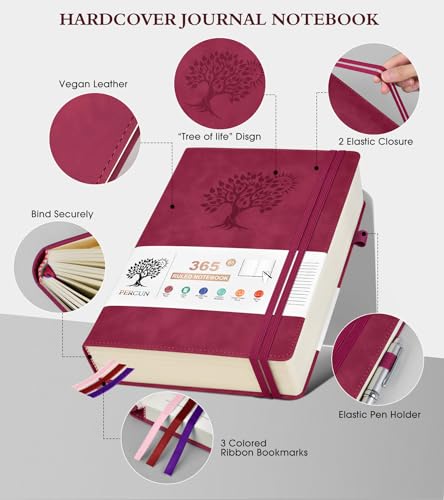 PERCUN B5 Lined Journal Notebook - 365 Page Large Leather Journals for Writing Women Men，Hardcover Notebook with 100Gsm Thick Pages，Daily Diary for Travel, Work，School，College Ruled (7.6" x 10.3") - color: Wine red, size: B5