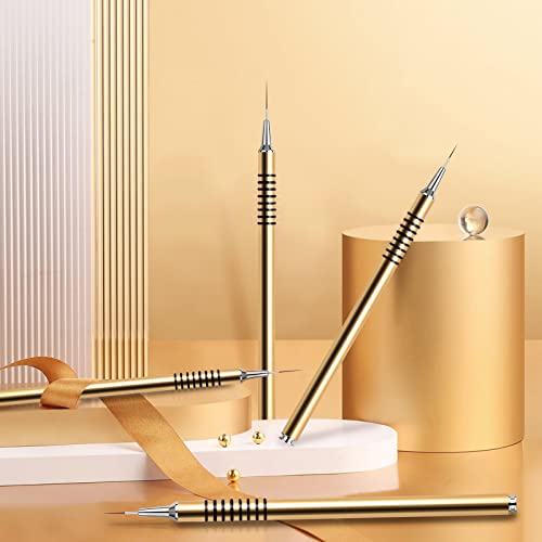 Nail Art Liner Brushes Set, 6Pcs Nail Art Design Brush Striping Thin Long Lines Dotting Drawing Pen, UV Gel Polish Painting Metal Handle Striper Brushes Size 5/7/9/11/20/25mm - color: Gold