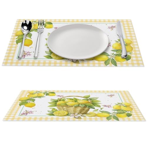 Yellow Lemon Placemats Set of 4, 12x18 Inch Summer Fruits Buffalo Plaid Baskets Floral Farmhouse Seasonal Spring Holiday Coffee Table Mats for Party Kitchen Dining Decoration - color: Pm-lemon03, size: 4pcs