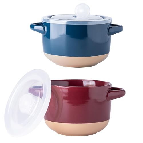 AmorArc 24 oz Soup Bowls with Lids, Ceramic Soup Containers with Handle - color: Blue&Red, size: Set of 2
