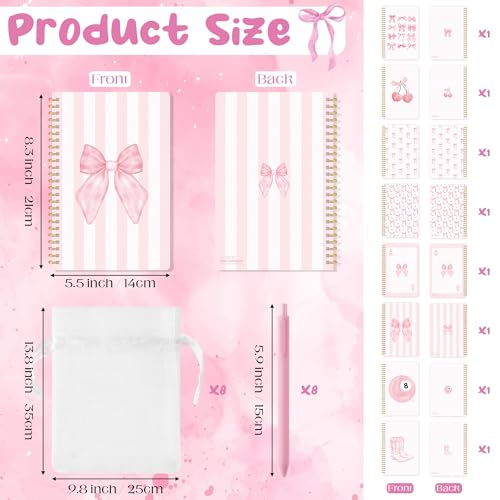 CNhoqc Pink Bow Journal Notebooks, 8 Sets A5 Ballpoint Pens Organza Bags - color: 8-Set Pink Bow