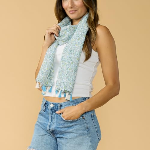 Hadley Wren Womens Lightweight Floral Scarf with Tassels - color: White
