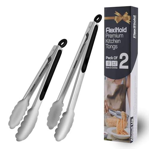 Stainless Steel Kitchen Tongs Set, 2 Pack with Silicone Tips - size: Pack of 2 Black & Silver (9" & 12")