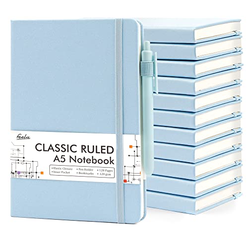 feela 12 Pack Notebooks Journals Bulk, Hardcover Notebook Classic Ruled Lined Journals with Pen Holder for Women Girls School Business Supplies, with 12 Black Pens, 120 GSM, 5.1”x8.3”, A5, Light Blue - color: 12 Pack light blue