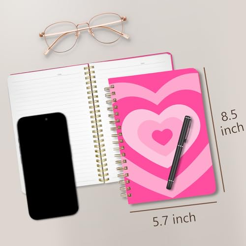 Cute Spiral Notebook Journal A5 6x9 Note Book with Pocket, Heart - color: Pink Heart