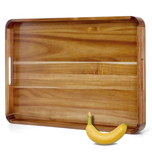 26"x17" Wooden Serving Tray, Acacia Ottoman Tray, Rounded Corners - size: 26" x 17.3" x 2"