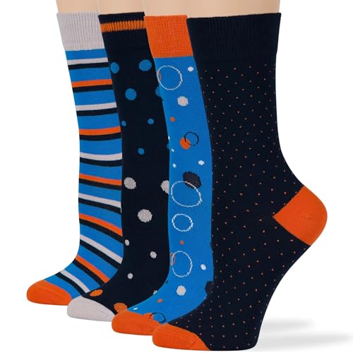 7BIGSTARS Women Cotton Crew Socks, Patterned 4 Pack, M 5-9 - L 8-12 - color: 06 - Blue, Dark Navy, Orange, Grey (A51), size: 5-9