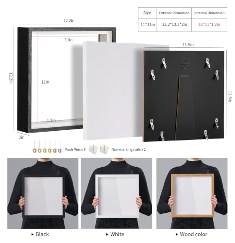 11x11 Shadow Box Picture Frame with Real Glass Panel and Linen Back - color: Black + Thickened Panel + Foam Packaging, size: 11x11