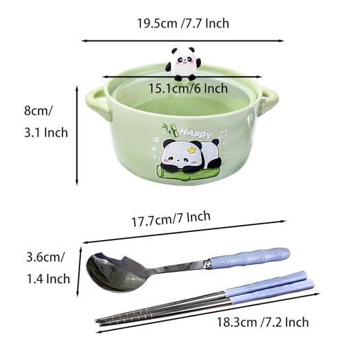 Ceramic Soup Bowl with Lid, Handles, Chopsticks and Spoon, 6'' Ramen Bowl - color: Green