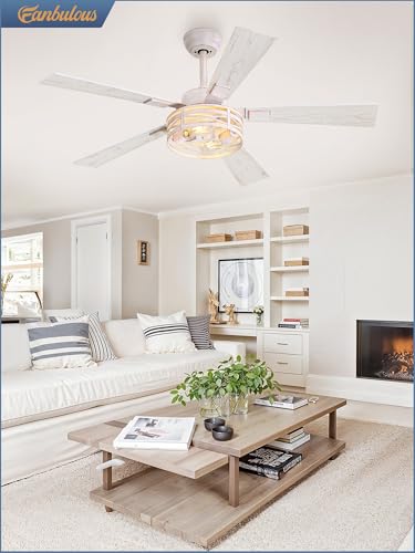 Fanbulous Farmhouse Ceiling Fans with Light & Remote, 48" Caged, 6-Speed - color: White and Gold, size: 48 Inch