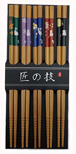 Bamboo Chopsticks Set, Japanese Reusable Wooden Chopsticks with Traditional Pattern Designs, Non Slip Tips Dishwasher Safe Asian Chopsticks for Sushi Ramen Noodles Rice Dining (2, Bunny/Natural) - color: Bunny/Natural
