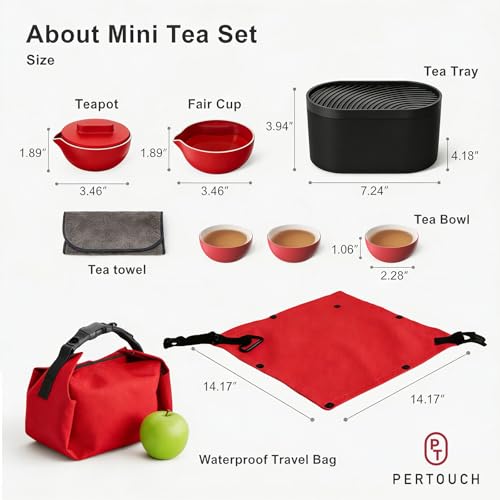 PERTouch-T1 Portable Gongfu Tea Set Asian Style Travel Tea Set Double-Wall Insulated Ceramic Kit with Teapot, Fair Cup, 3 Tea Bowls, Tea Tray & Waterproof Travel Bag for Outdoor, Car, Home, Office - color: Red