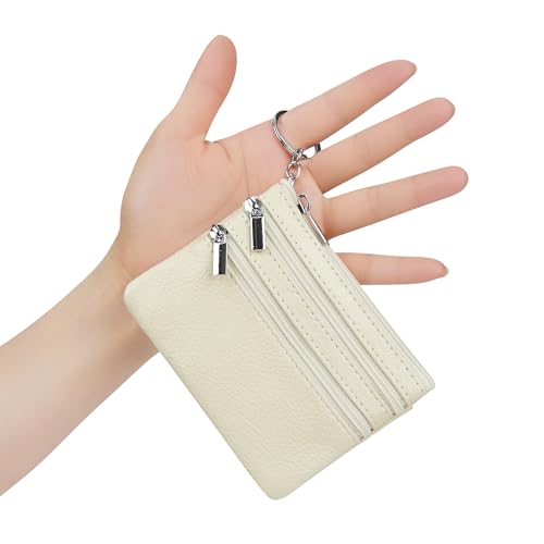Women Genuine Leather Coin Purse Keychain Change Purse - color: Beige