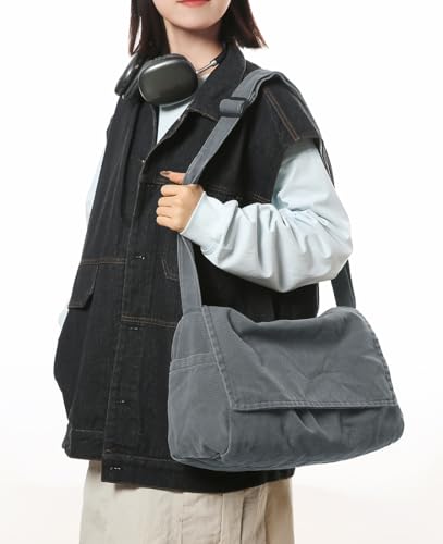Messenger Bag for Women Men Satchel Bag Canvas Crossbody Shoulder Bag Casual Sling Bag - color: Dark Grey