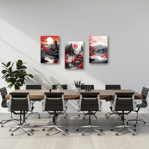 PBXBJY Japanese Canvas Wall Art 3 Pieces Japanese Landscape Painting Prints Red and Black Cherry Blossom Trees Building Pictures Living Room Office Decor Frame (12x16inchx3Pcs) - color: Red, size: 12x16inchx3Pcs