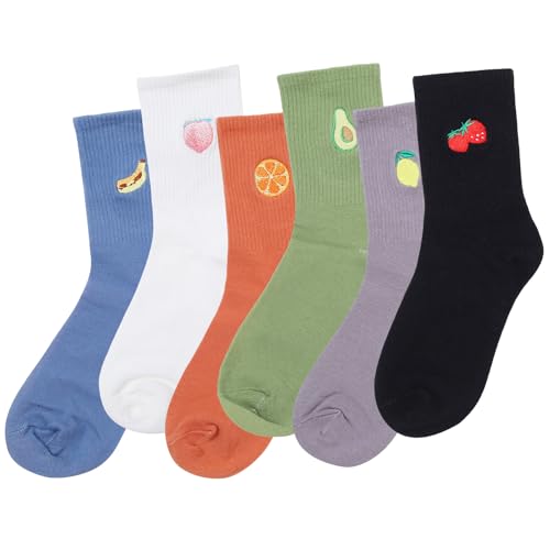 Fruit Socks Cute Socks for Women Crew Socks Cotton Embroidered Banana Avocado Strawberry 4-6pairs - color: B