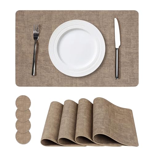 NCUE Vinyl Placemats Set of 4, 17"x12" Wipeable Place Mats with Coasters - color: Light Coffee, size: Set of 4
