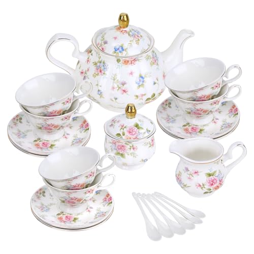 fanquare 21 Piece Vintage Pink Blue Floral Porcelain Tea Set with Gold Trim