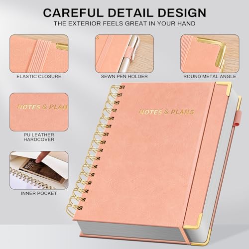 Ovesmusl Undated Daily Planner - 126 Days Hourly Schedule & To Do List - A5 PU Leather Hardcover Spiral Notebook planner with stickers, Metal Corner Protectors & Back Pocket for Work & School, Pink - style: Pink