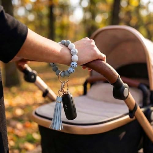 BIHRTC Key Ring Bracelet Car Keychain Holder Wristlet Silicone Women Beaded Bangle Chains - color: Light Blue