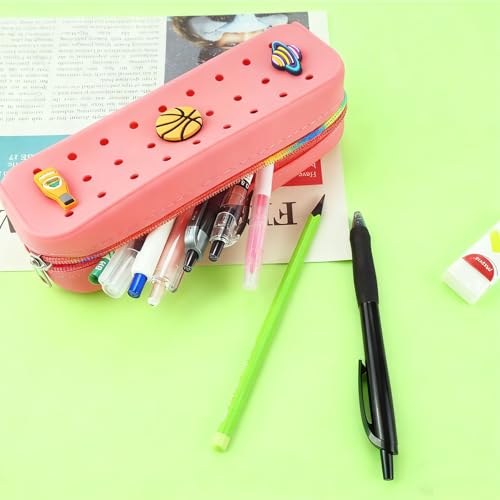 1 Pack Cute Silicone Pencil Case Pencil Pouch with DIY Holes and 3 Decoratives(Random) Travel Makeup Brush Bag suitable for travel home7.81inch (Pink) - color: Pink