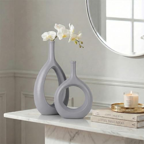Gray Ceramic Hollow Elliptical Vase Set of 2 - Boho Circle Vase with Hole, for Modern Grey Table Decor, Living Room Decor Shelf mid Century Modern Home Entrance Decorative vase - color: Gray