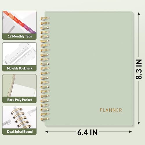 SUNEE Academic Planner 2026-2027 – Weekly & Monthly Planner, July 2026 to June 2027, 6.4"x8.3", Thick Paper, Tabs, Pockets, Bookmark, Spiral-Bound, Student Teacher Organizer, Sage Green - color: Green