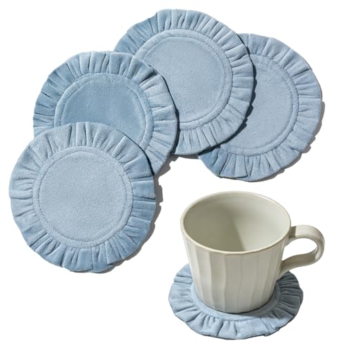 5 Inch Round Ruffle Velvet Coaster, Tabletop Protection, Coffee Table & Bar Decoration, Drink Coasters Suitable for Home Dining Tables & Kitchen Accessories Set of 4, Blue Grey - color: Blue Grey