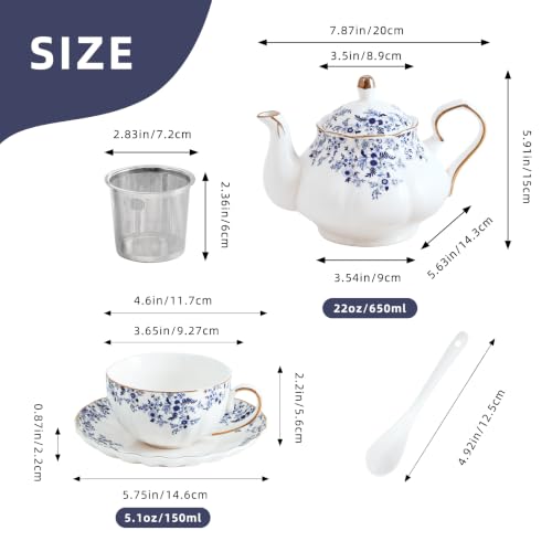 Flowers Ceramic Tea Set，Tea Sets for Adults, with Teapot, Spoons, Cup and Saucer for Tea Party (Little Blue Flower) - color: Little Blue Flower