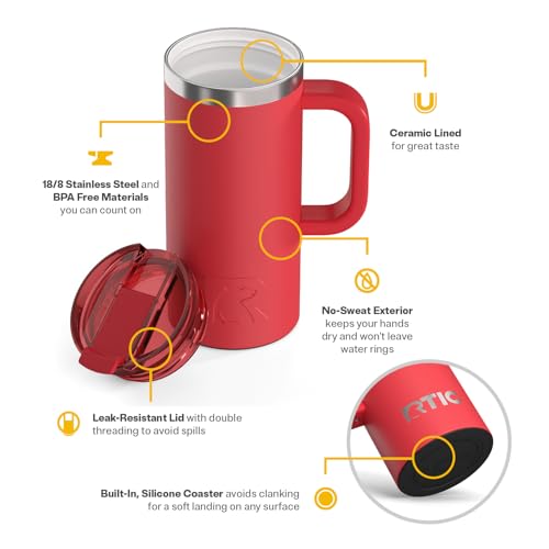 RTIC 16oz Road Trip Travel Mug with Lid and Handle, Ceramic Lined, Flag Red - color: Flag Red, size: 16 Ounces