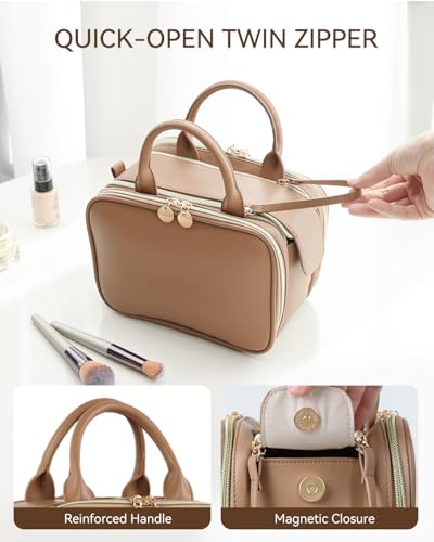 Prite Large Makeup Bag, Waterproof Travel Cosmetic Case with Brush Holder - color: Brown, size: Large