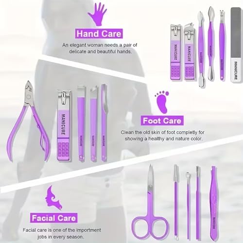 16 Pieces Stainless Steel Manicure Kit, Manicure Set Professional for Women Nail Care Tools, Toenail Scissors Tools with Leather Travel Bag (Purple)