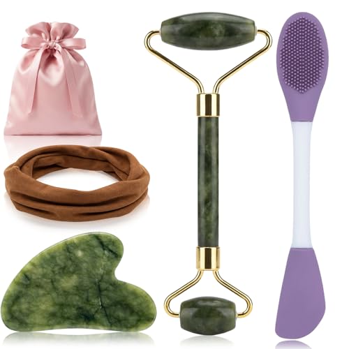 5PCS Face Roller & Gua Sha Facial Tools, Face Massage for Wrinkle Reduction & Puffiness Relief, Includes Silicone Scrubber, Headband & Travel Pouch, Jawline Sculpting and Pore Cleansing Set - color: Multicolor, size: 5PCS