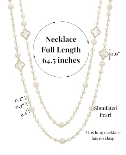 Long Pearl Necklace for Women Layered Lucky Clover Jewelry Gift - color: White Clover