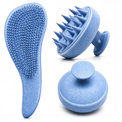 Combo Set of Wet/Dry Hair Detangling Brush & Head/Scalp Massage Shampoo Brush made of Wheat Straw Material, Soft Bristles, Pain-Free, Suitable for all hair type, Women + Kids