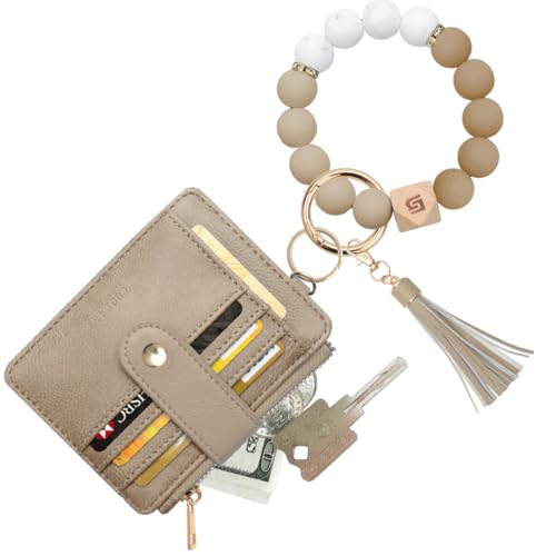 COOLANS Silicone Bracelet Wristlet Wallet Credit Card Holder RFID ID Window Key Ring Tassel Slim Wallet Women Keychain Purse - color: Brown