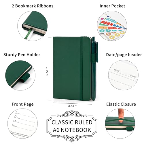 feela 6 Pack Pocket Mini Notebooks Bulk, Small Cute Memo Notepads Hardcover College Ruled Lined Journals with Pen Holder for School Business Work, with 6 Black Pens, 3.5”x 5.5”, A6, Dark Green - color: A6 6 Dark Green