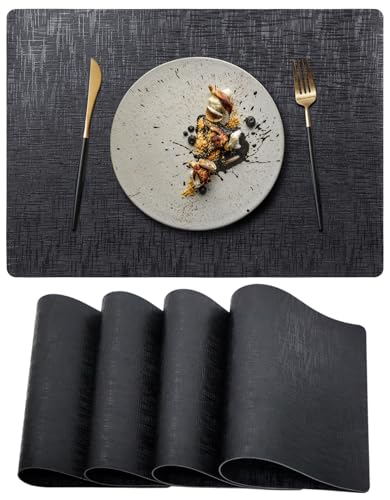 Faux Leather Placemats Set of 4, 12 x 17 Inch, Waterproof Wipeable Heat Resistant Non Slip Table Mats for Dining Table, Kitchen, Indoor Outdoor, Black Gold - color: Leather Black Gold