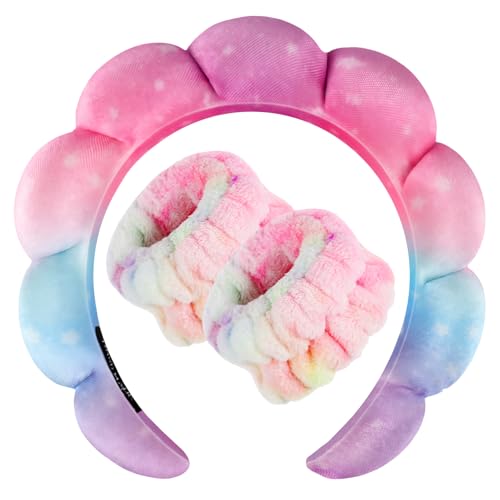 Zkptops Spa Headband for Washing Face Wristband Set Sponge Makeup Skincare Velvet Fabric Bubble Soft Get Ready Hairbands for Women Puffy Headwear Non Slip Thick Thin Hair Accessory(Star) - color: ZYH Star