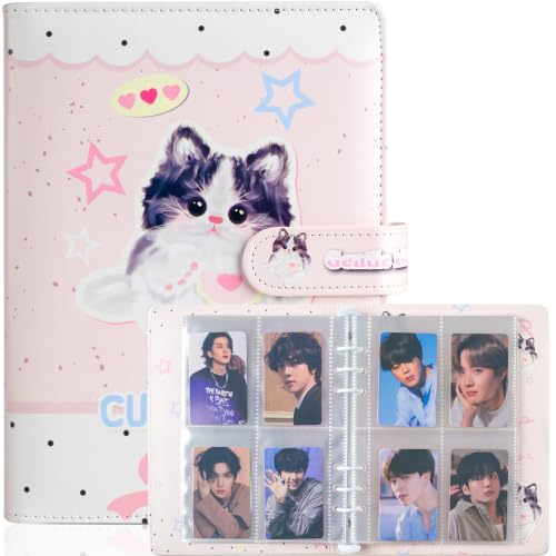 A5 Kpop Photocard Binder, 6 Ring Binder Album with 200 Card Slots, Leather Binder Cover with Magnetic Buckle Closure for Organizing Trading Cards(Cute Cat) - color: Pink white