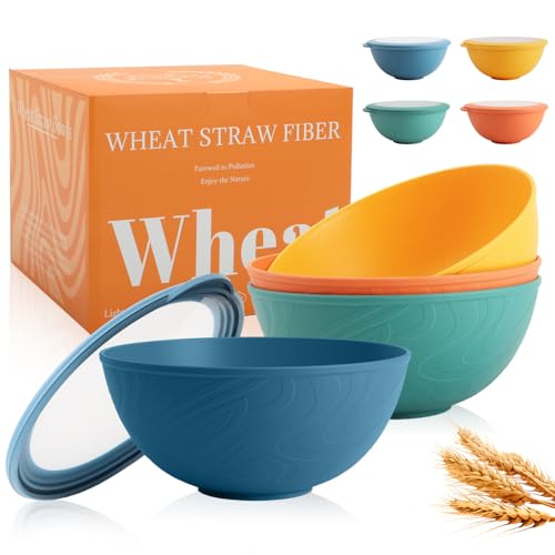Wheat Straw Bowls Set with Lids, Unbreakable 40 OZ Cereal Bowls Set of 4, Salad Container for Lunch, Microwave & Dishwasher Safe Bowl Set for Kitchen, Picnic, RV, Camping, Multi - color: Multicolor, size: 40 OZ with Lid