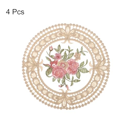 Fabric Coasters, 4pcs 4.7" - Polyester Crochet Coasters, Round Lace Embroidery Cup Mat with Floral Pattern for Wedding Party Decoration (Camel)