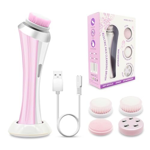 Facial Cleansing Brush, Electric Face Scrubber with 4 Brush Heads, Rechargeable USB Charging Dock, IPX4 Waterproof, 8000 RPM Dual Speed, Deep Cleansing & Exfoliation for All Skin Types (Pink) - color: Pink