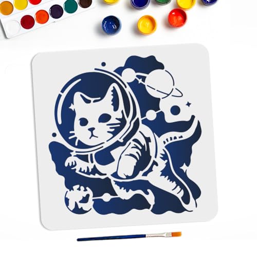 MAYJOYDIY Cat Space Stencils 11.8×11.8inch Planets Galaxy Cat Painting Stencils with Paint Brush Outer Space Galaxy Animal Theme Drawing Template for Fabric Walls Furniture Wood Canvas - color: Cat Space