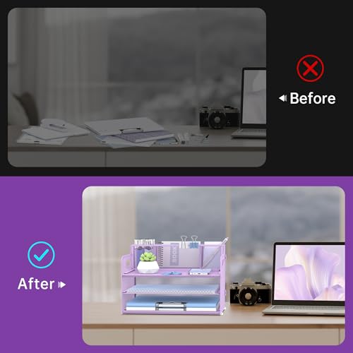 3-Tier Desk Organizer with Pen Holder and Handles, Paper Organizer, Purple - color: Purple